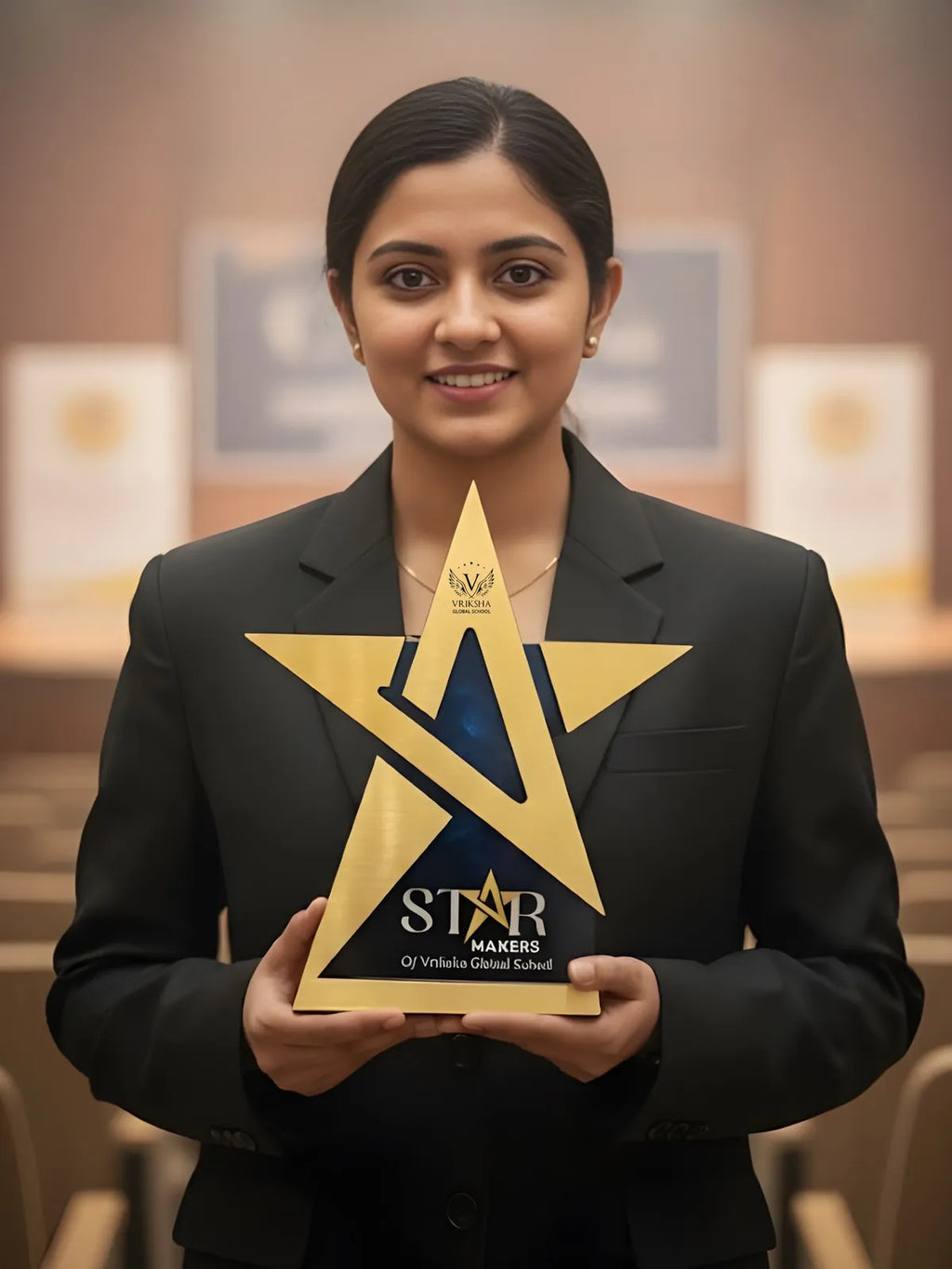Woman holding a gold star-shaped award in an indoor setting
