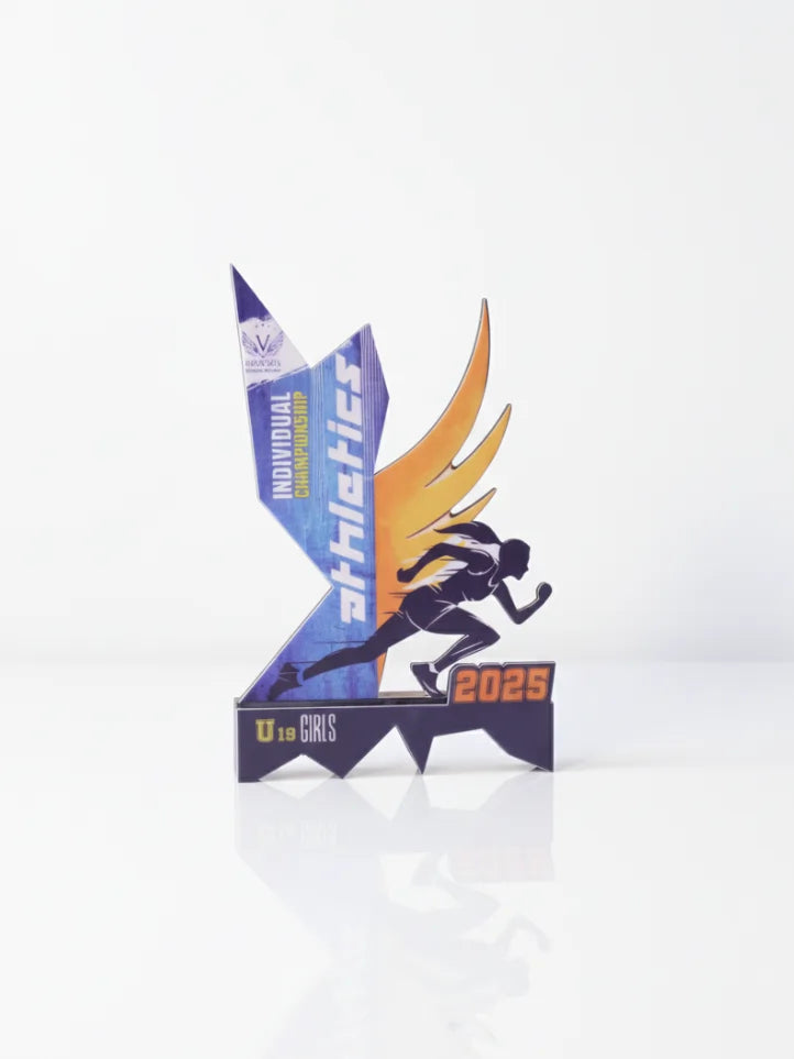 Colorful running medal with 'athletics' and '2025' text on a white background