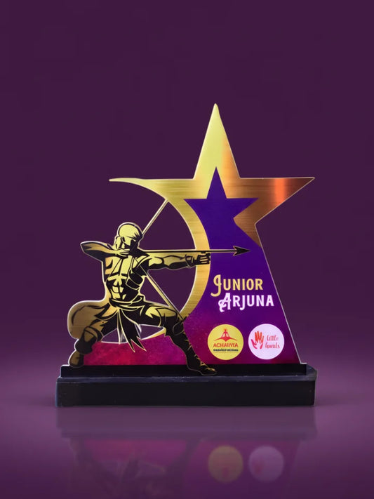 Trophy with a star design and 'Junior Arjuna' text on a purple background