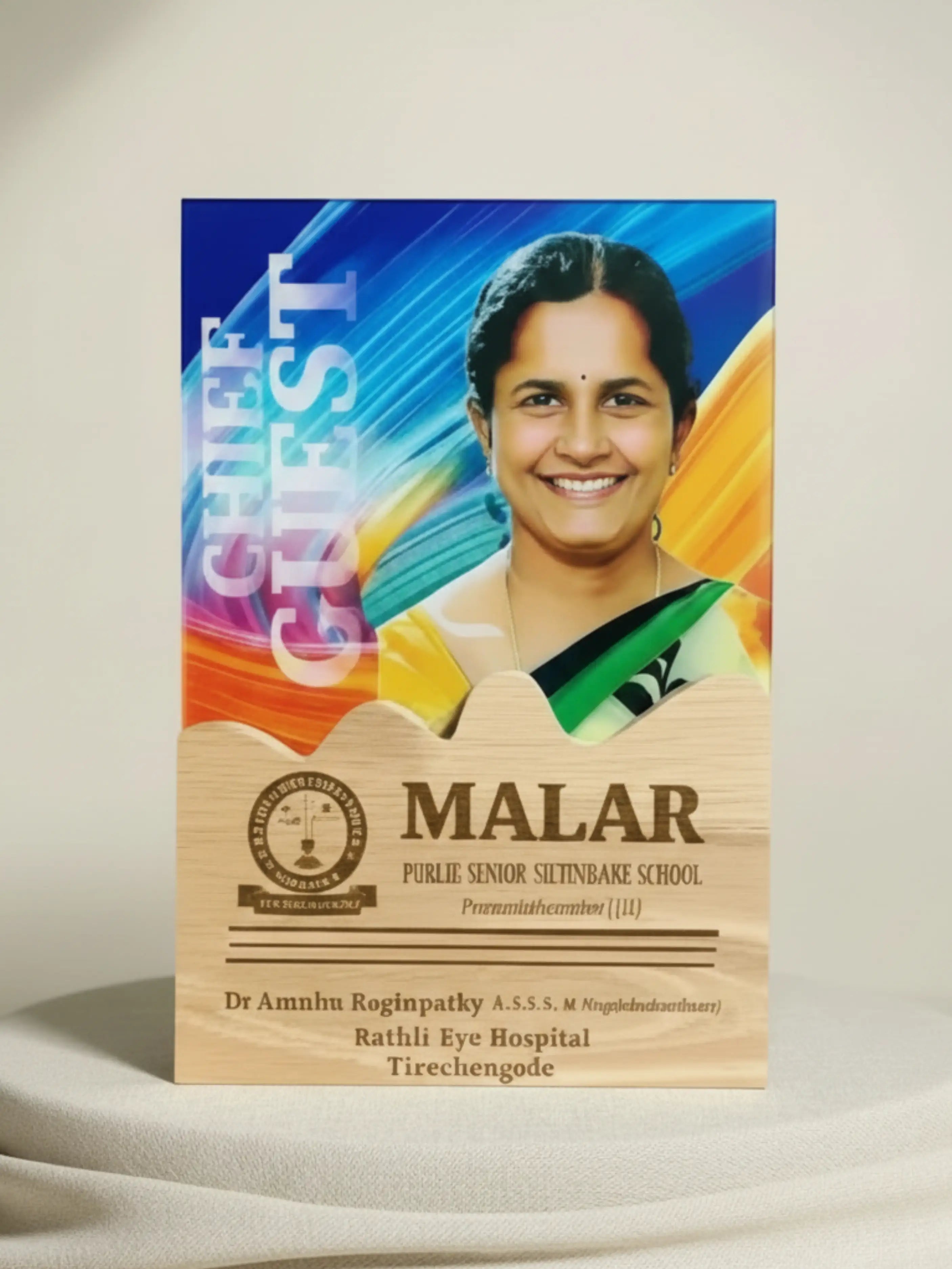 Colorful card with a portrait of a woman and text on a beige background