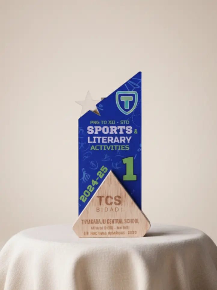 Triangular award with blue and green design on a white surface