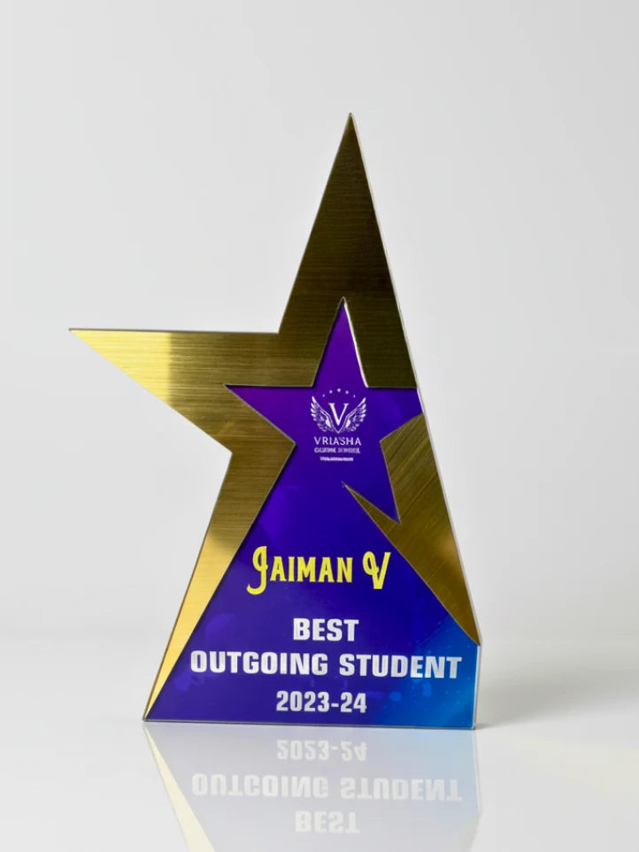 Star-shaped award with gold and purple colors on a white background