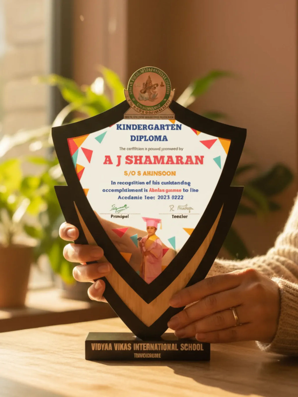 Kindergarten diploma held by a person with a blurred background