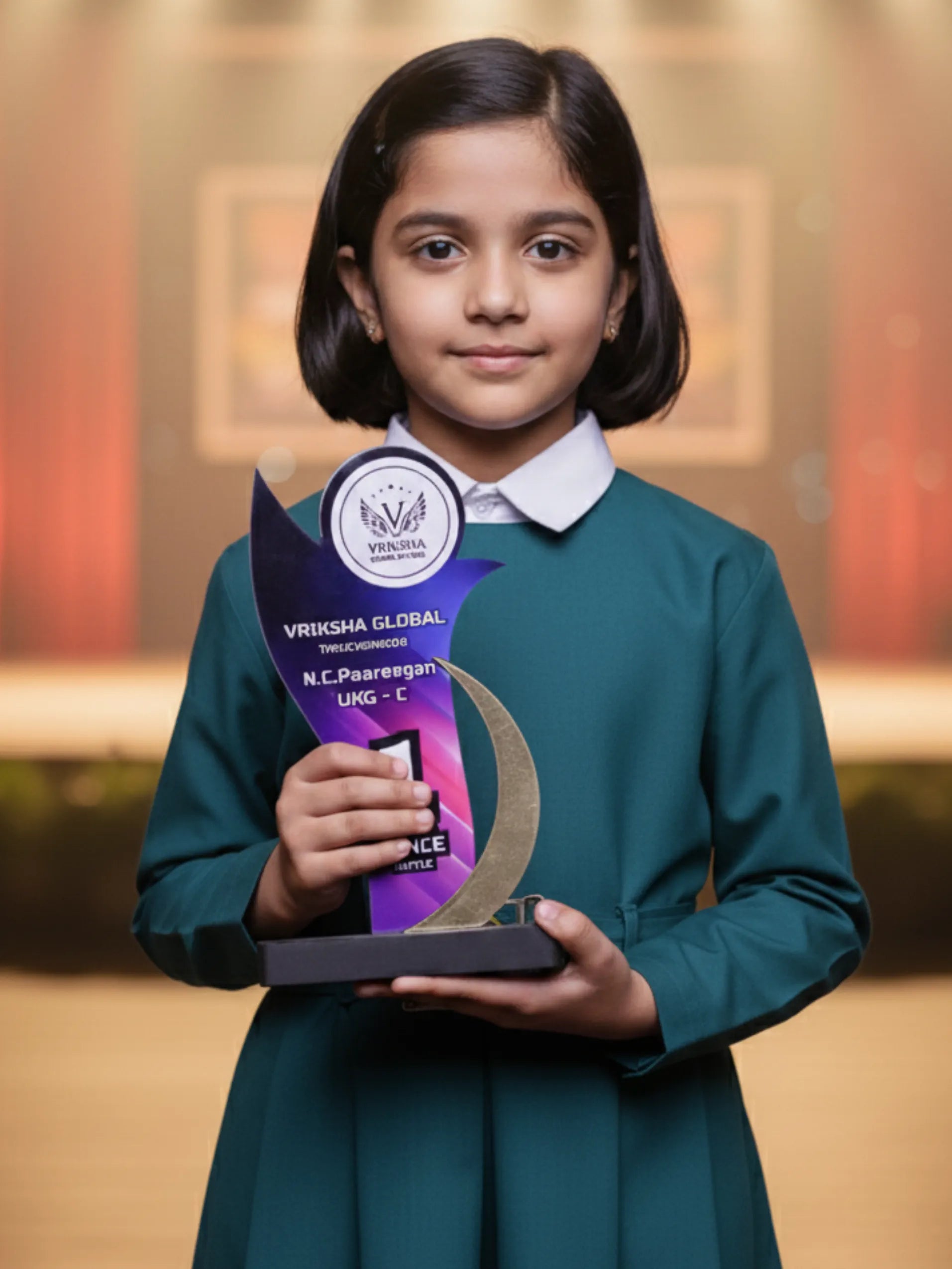 Young girl holding an award with a blurred background
