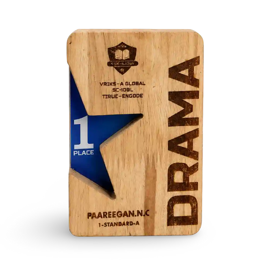 A wooden plaque or award board with a natural light wood grain finish, featuring a blue star-shaped cutout on the left side with a white '1 PLACE' design. 
