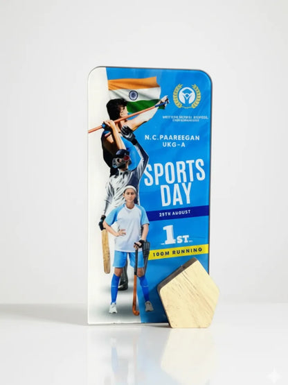 Sports-themed product packaging with athletes and a blue label on a white background