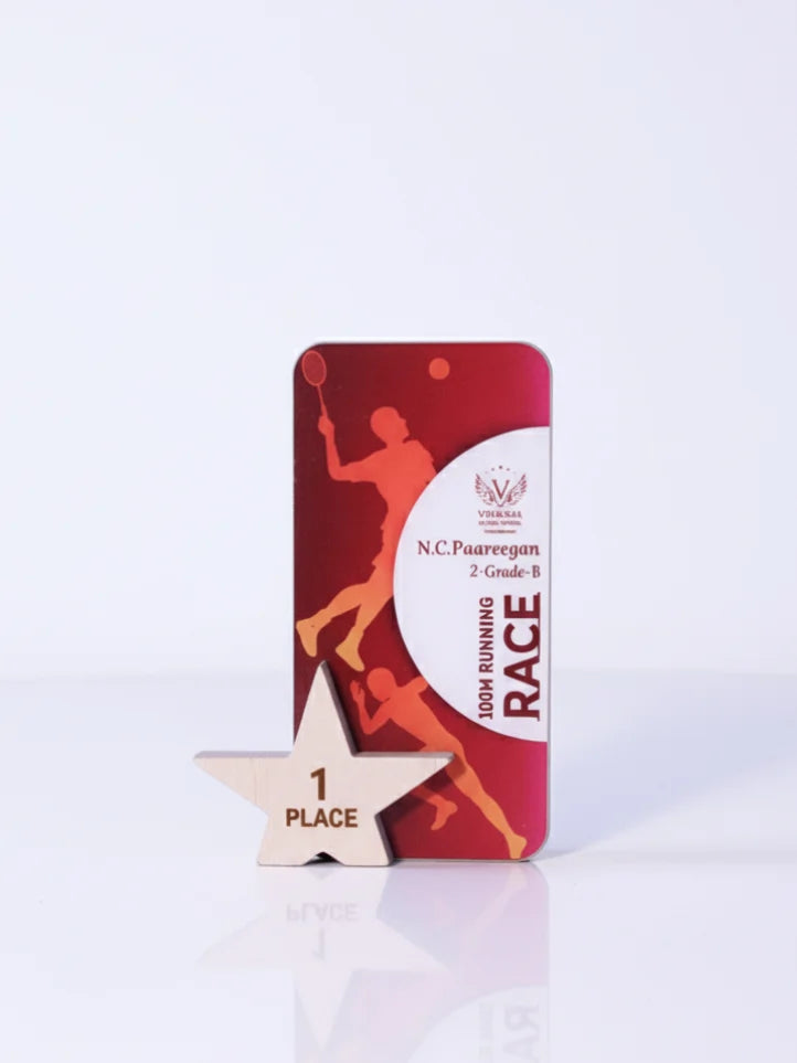Red and white award with a silhouette of a runner and a star on a white background