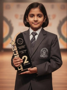 Young girl in school uniform holding a trophy with '2nd Place' on it.