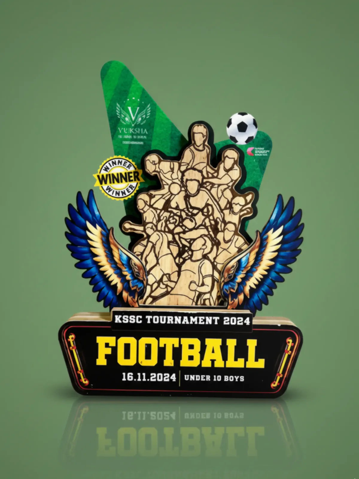 Promotional poster for KSSC Tournament 2024 Football event with decorative elements on a green background.