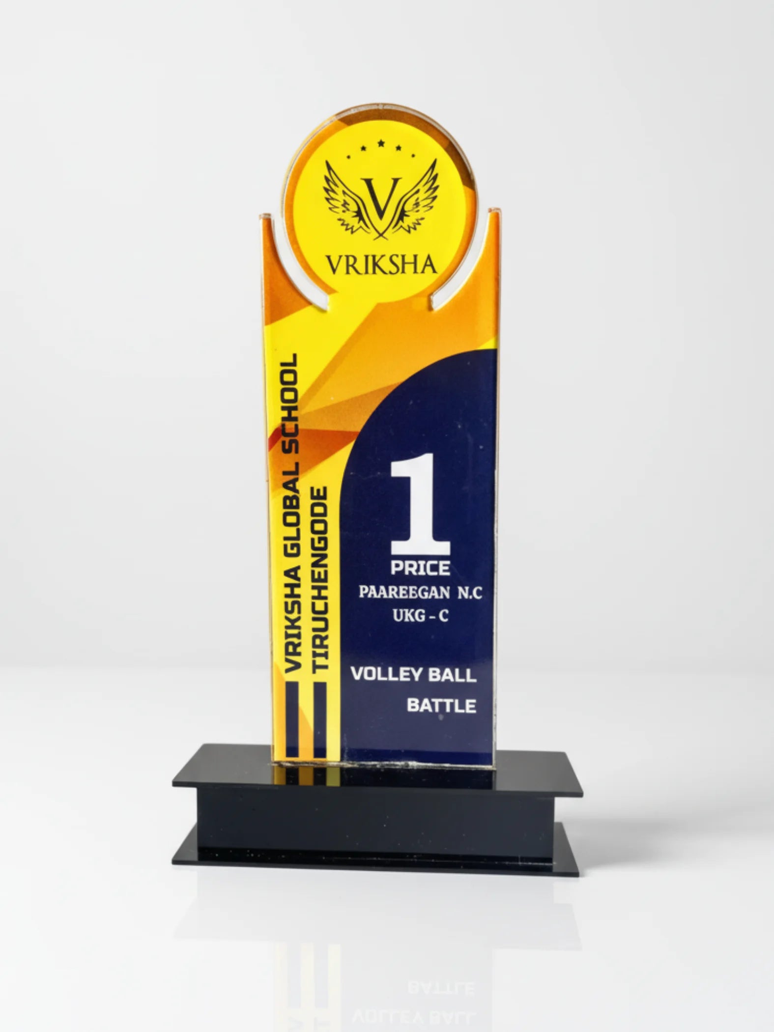 Premium volleyball tournament trophy with volleyball figure and engraved nameplate