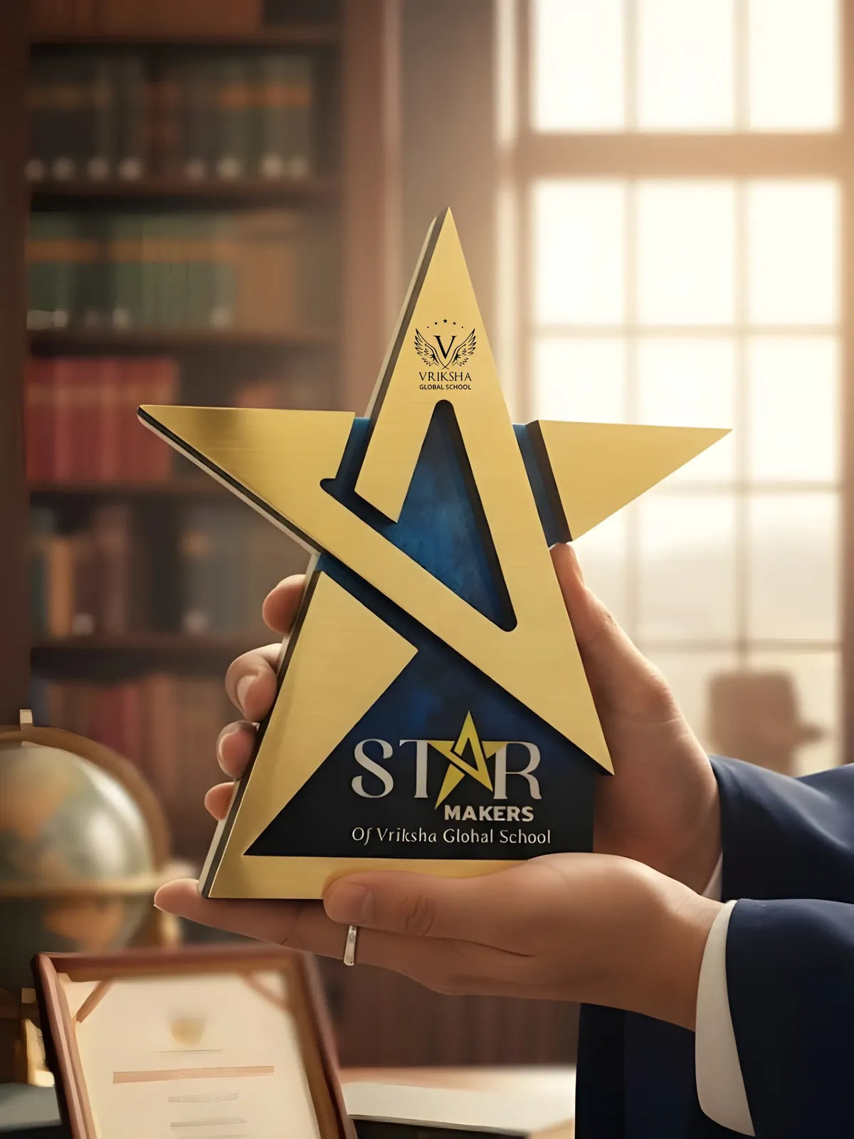 Hand holding a gold and blue star-shaped award with 'Star Makers' branding against a blurred stadium background.
