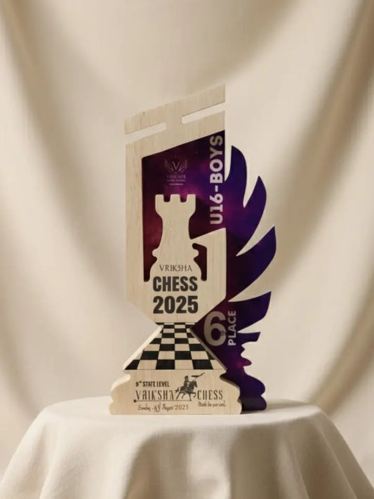 Chess trophy for 6th place in Verkha Chess 2025 on a beige background