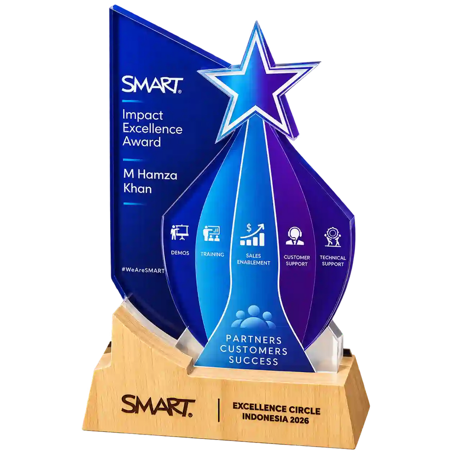 Side angled view of blue-purple SMART award with star and light-colored base
