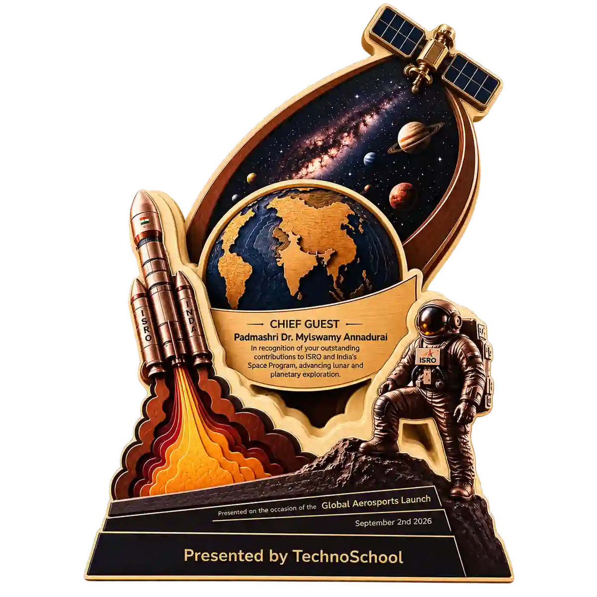 Space-themed chief guest trophy with rocket, globe, astronaut and satellite, angled view