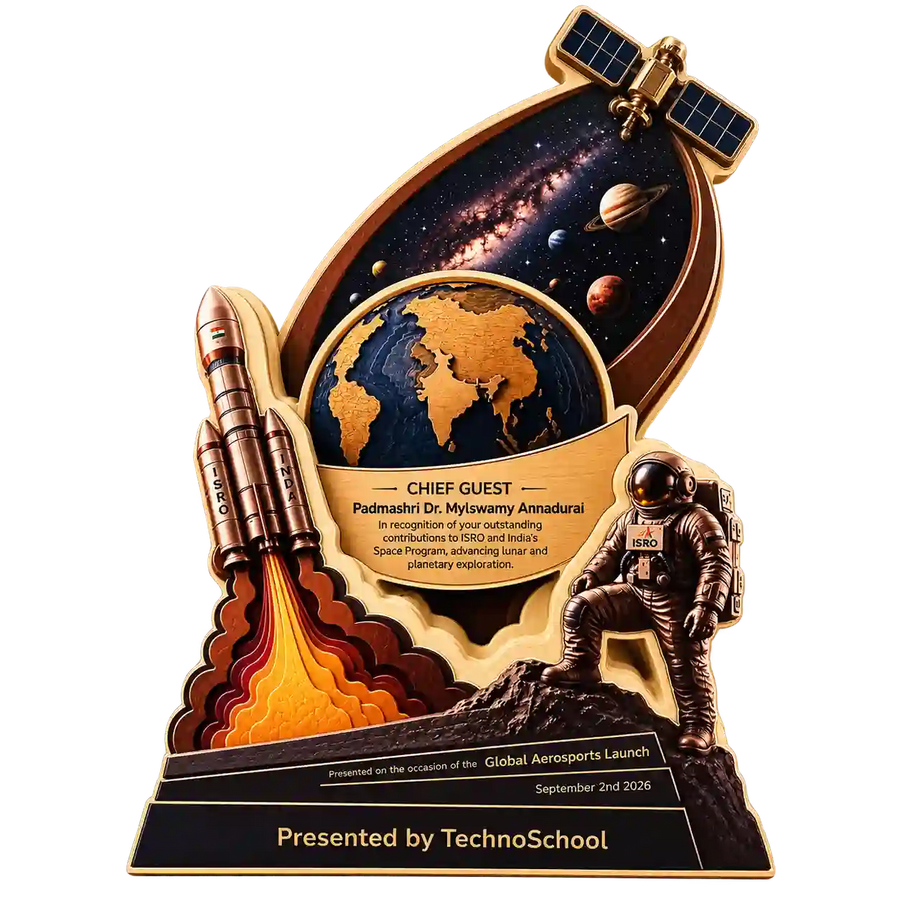 Space-themed chief guest trophy with rocket, globe, astronaut and satellite, angled view