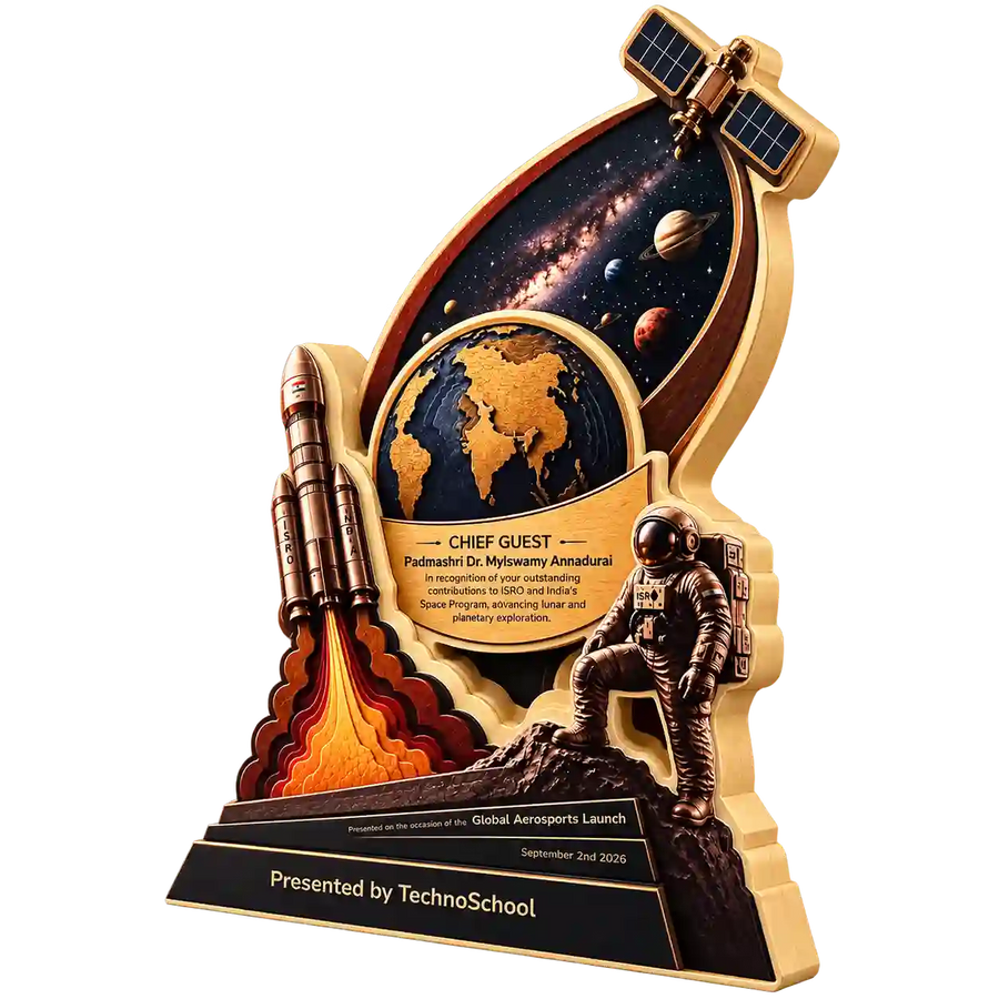 Angled view of space exploration trophy with globe and rocket launch motif