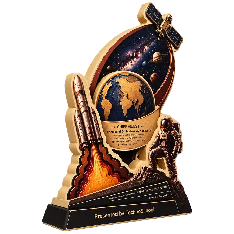 Front view of chief guest trophy with astronaut, rocket and Global Aerosports Launch inscription
