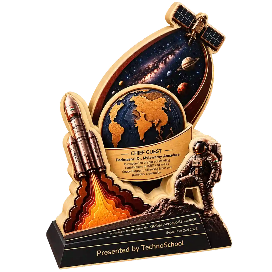 Side angled view of space-themed trophy showing satellite and astronaut figures