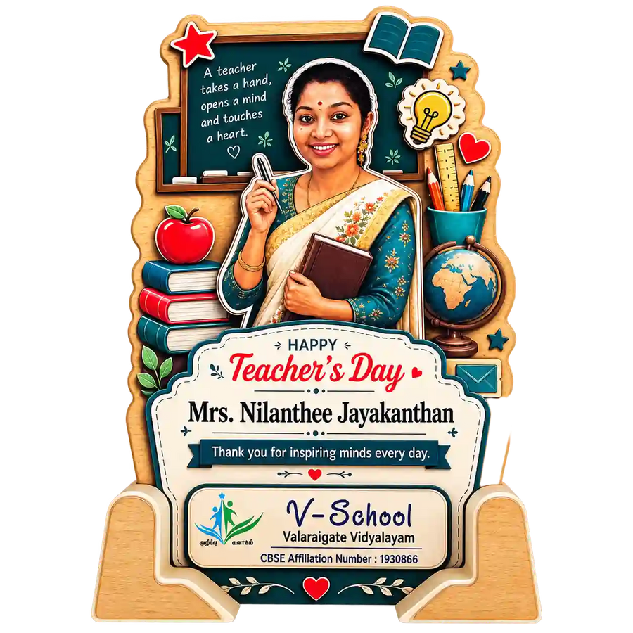 Front view of Teacher's Day trophy with teacher portrait, chalkboard and school-themed icons