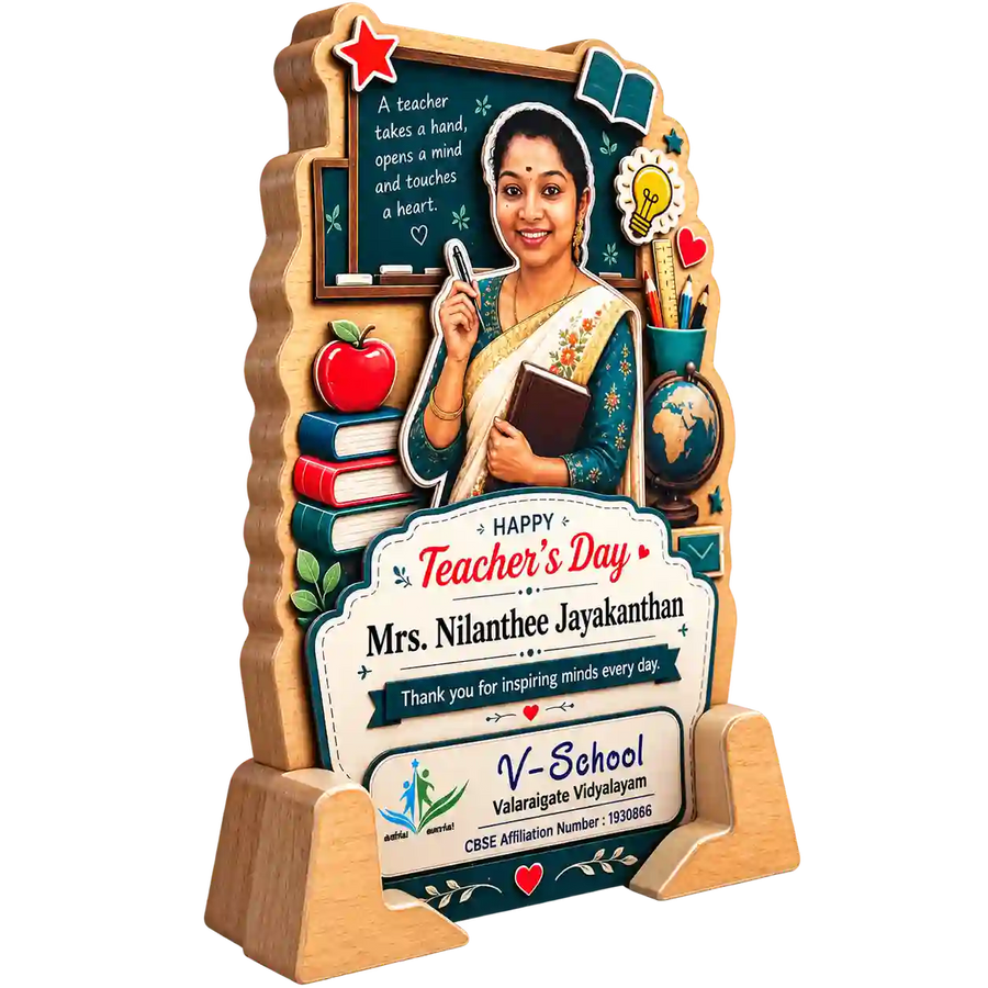 Front angled view of Teacher's Day trophy showing dedication to Mrs. Nilanthee Jayakanthan