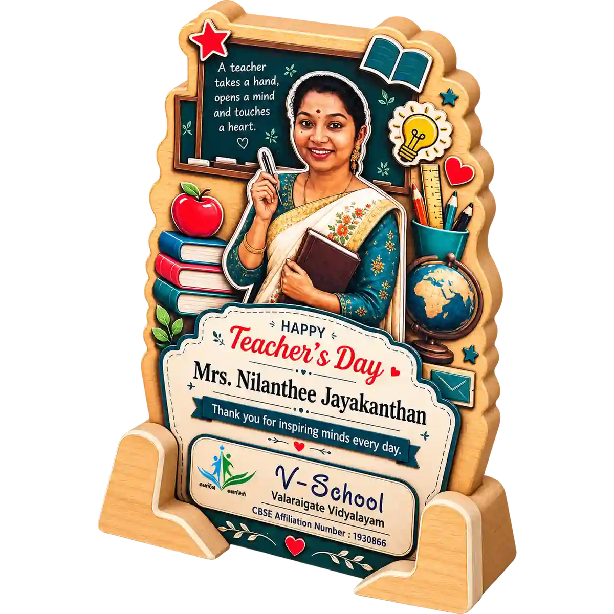 Side view of Teacher's Day trophy with portrait, chalkboard and light-colored base