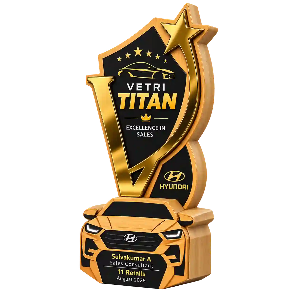 Angled view of Vetri Titan sales excellence trophy with gold-tone star and car-shaped base