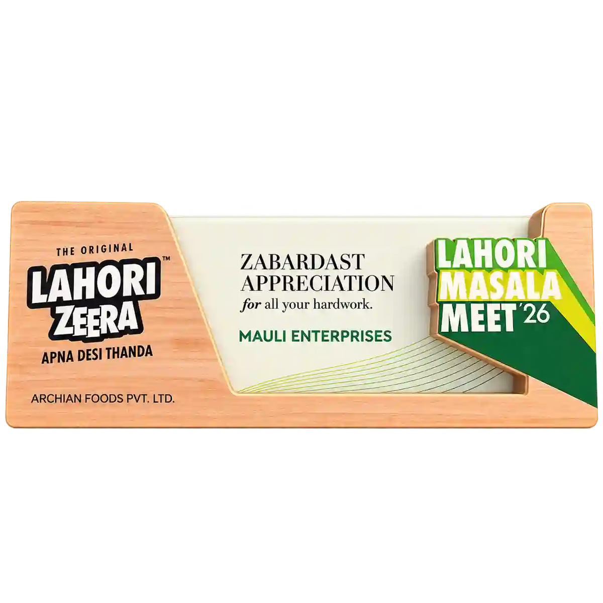Angled view of corporate certificate trophy with Lahori Zeera and appreciation panel