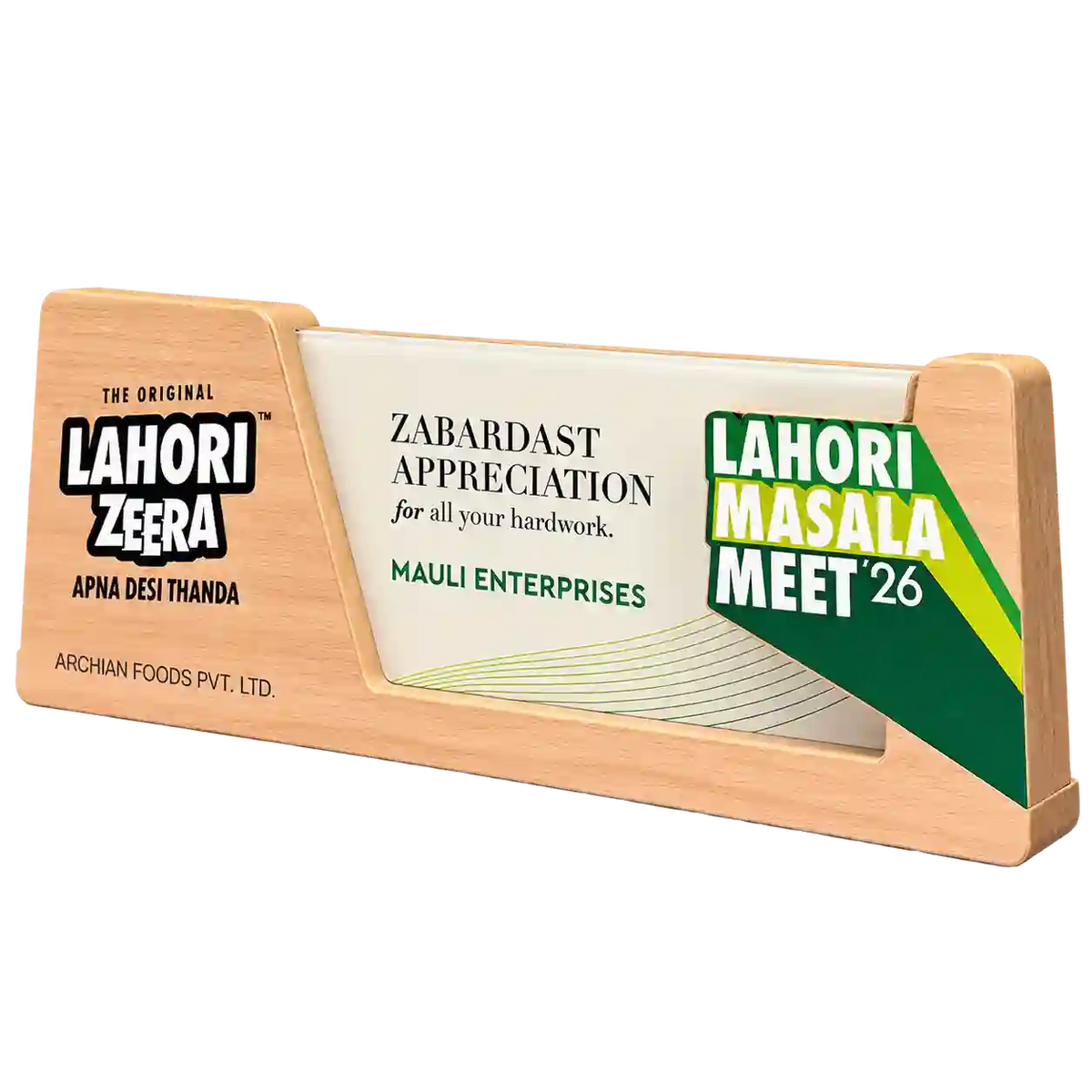 Front angled view of horizontal appreciation trophy with Lahori Masala Meet 26 detail