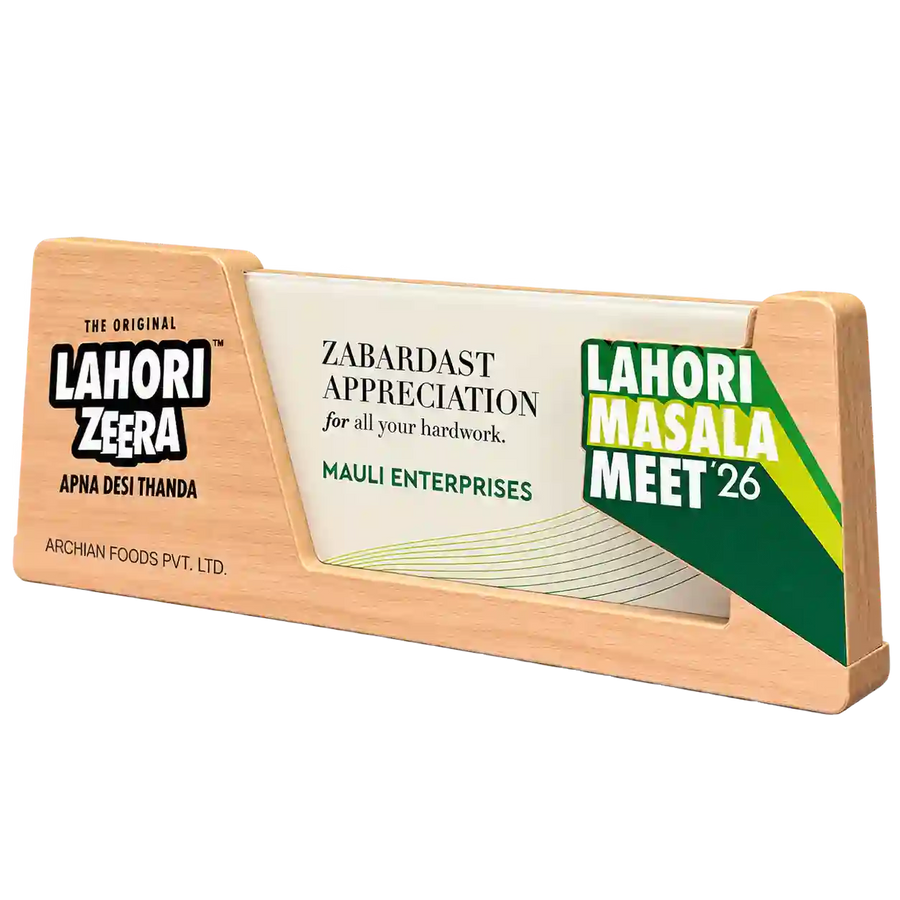 Front angled view of horizontal appreciation trophy with Lahori Masala Meet 26 detail