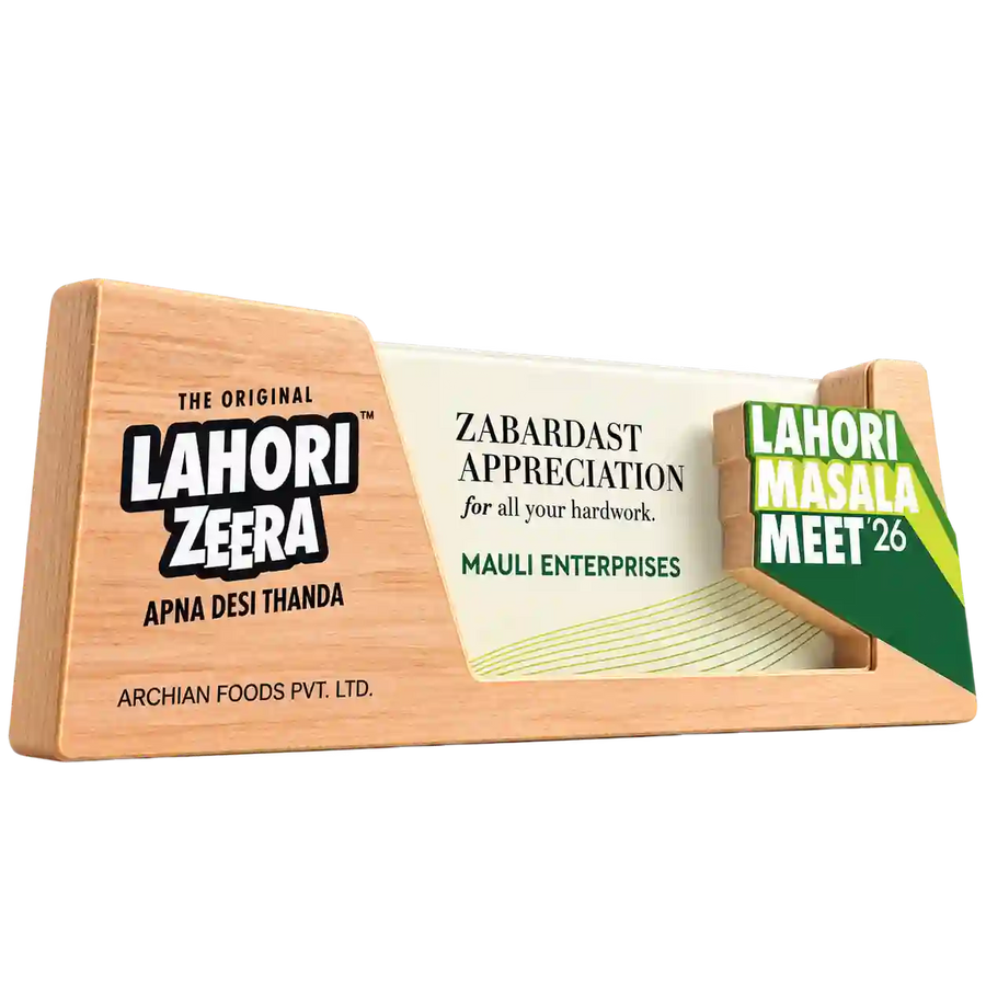 Front view of corporate certificate trophy showing Zabardast Appreciation message