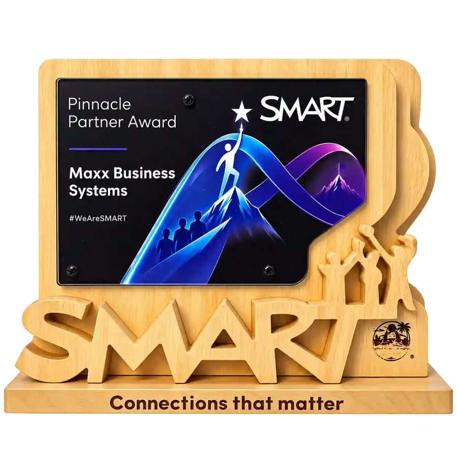 Front view of SMART Pinnacle Partner Award with mountain artwork and raised SMART letters