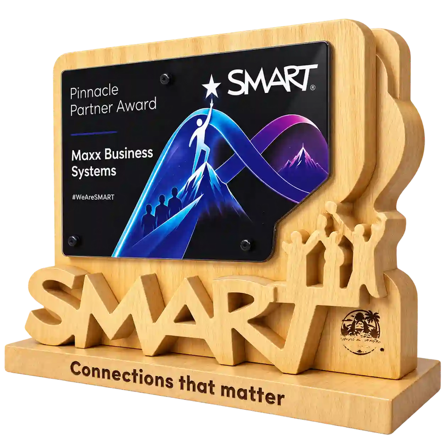 Angled view of corporate partner trophy with black panel and wood-grain-look frame