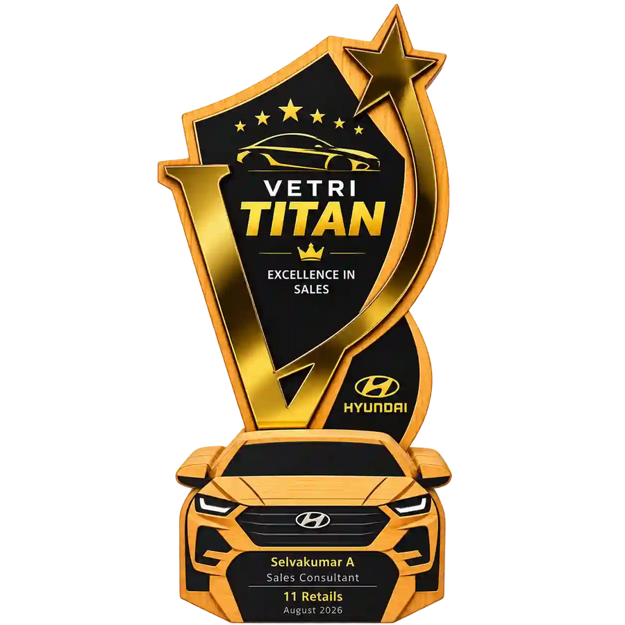 Front angled view of black-and-gold sales trophy with star and Hyundai logo
