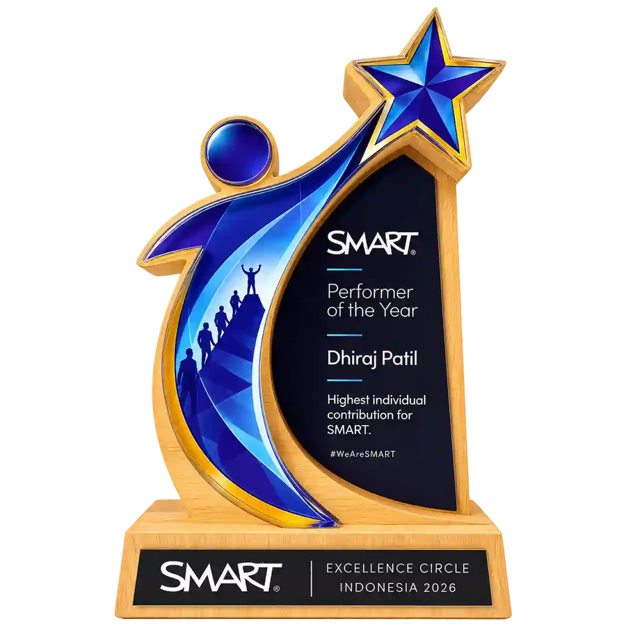 Front angled view of SMART Performer of the Year star trophy with blue rising-figure design