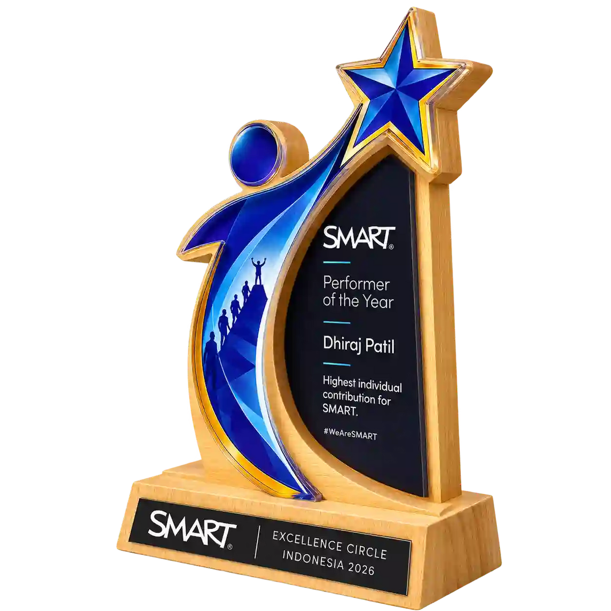 Side angled view of SMART Performer of the Year trophy and Excellence Circle Indonesia 2026 base plaque