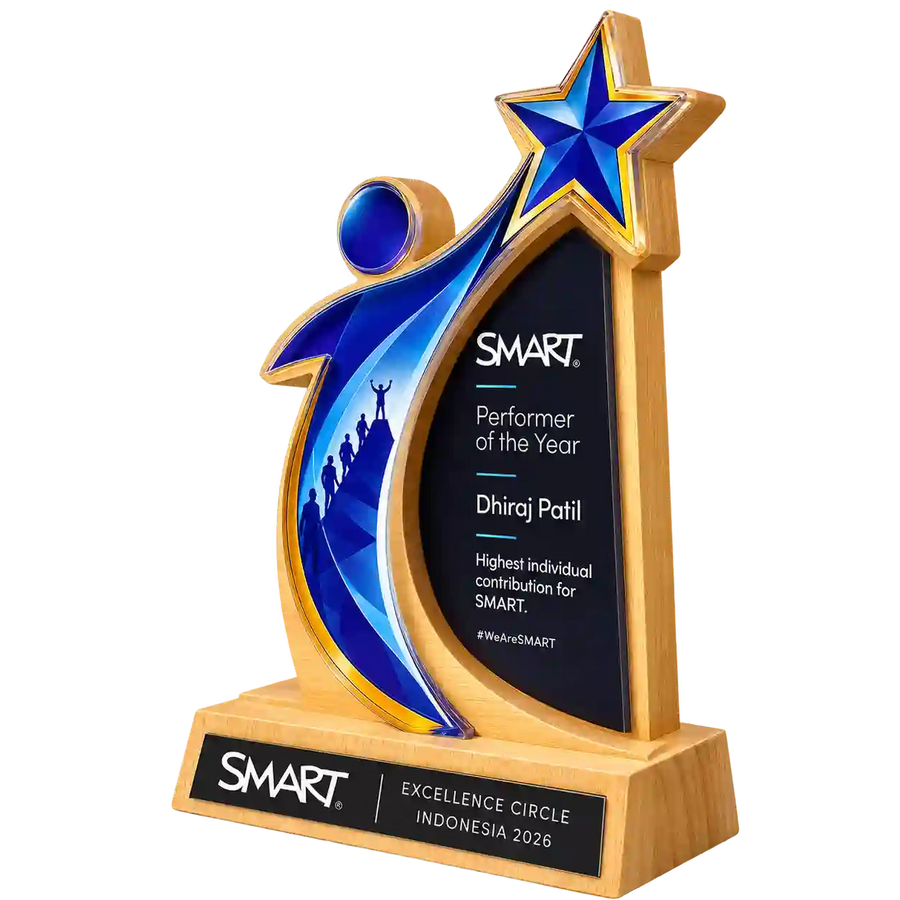 Side angled view of SMART Performer of the Year trophy and Excellence Circle Indonesia 2026 base plaque