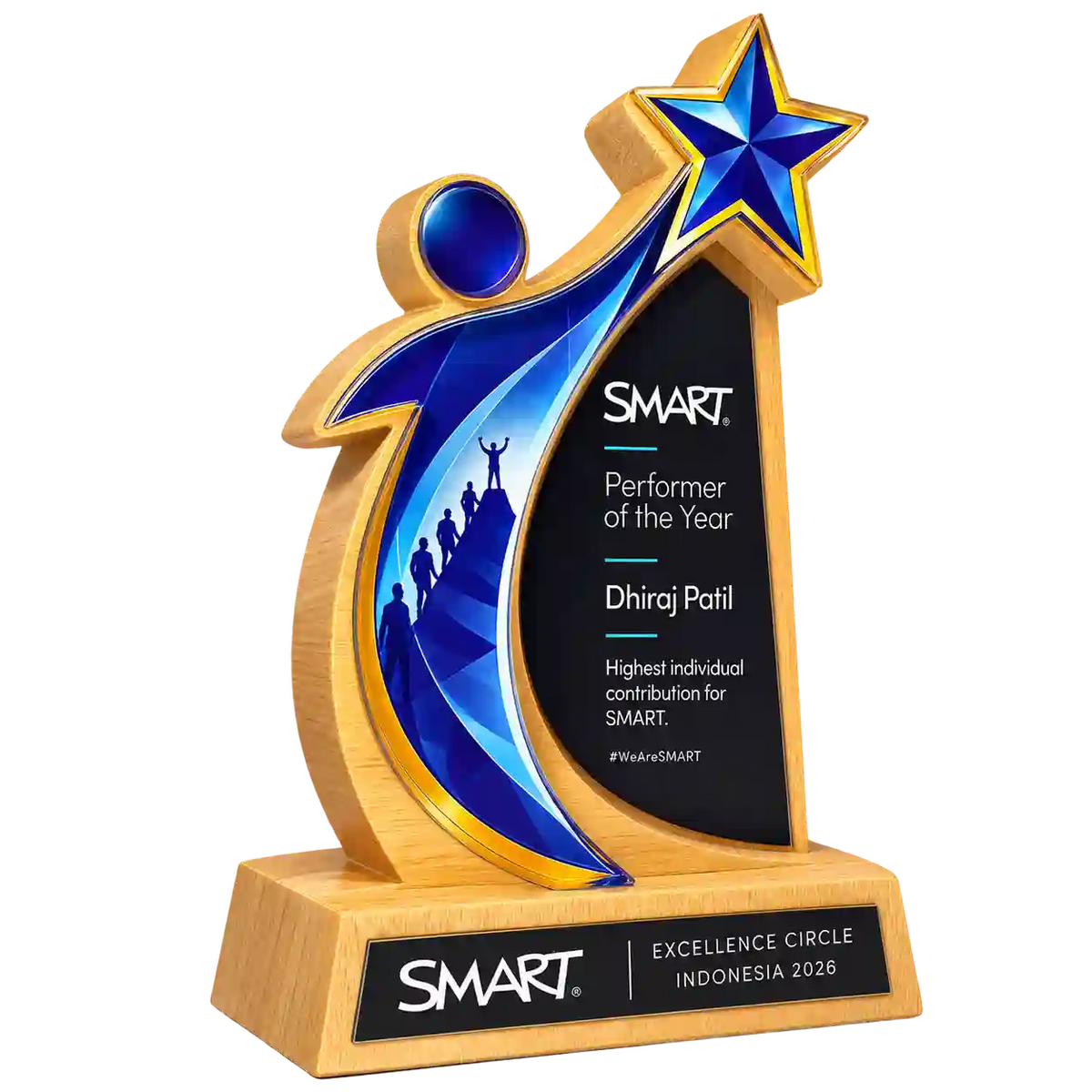 Front view of star-topped Performer of the Year trophy with Dhiraj Patil name on black panel