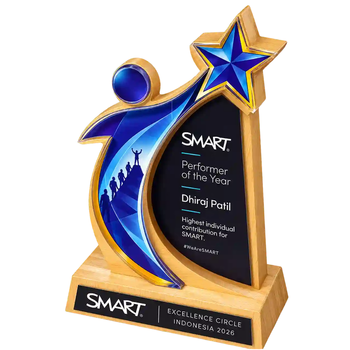 Three-quarter view of SMART Performer of the Year award with blue star and curved figure
