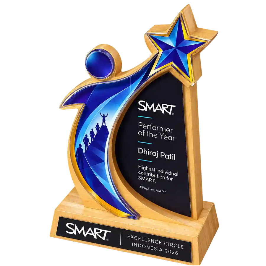 Three-quarter view of SMART Performer of the Year award with blue star and curved figure