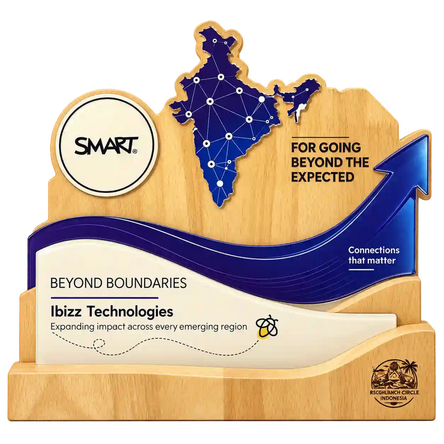 Front view of SMART Beyond Boundaries award with blue India map and rising arrow