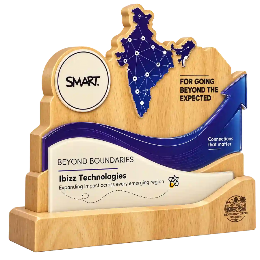 Angled view of Beyond Boundaries award with Ibizz Technologies name on front panel