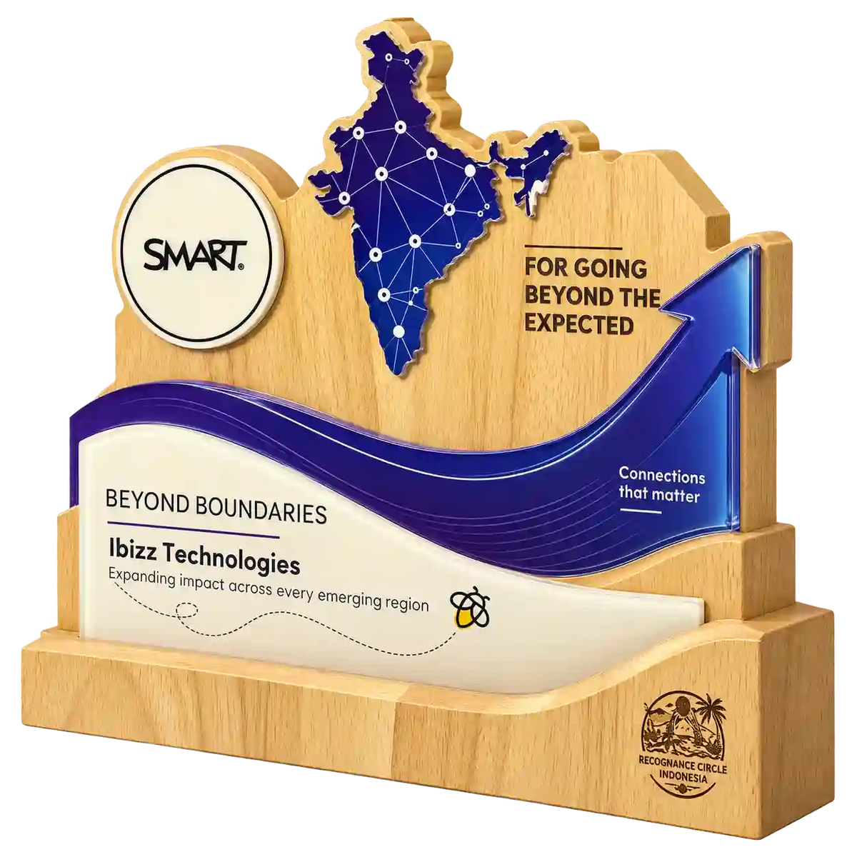 Side angled view of SMART Beyond Boundaries award with light wood-grain-look base