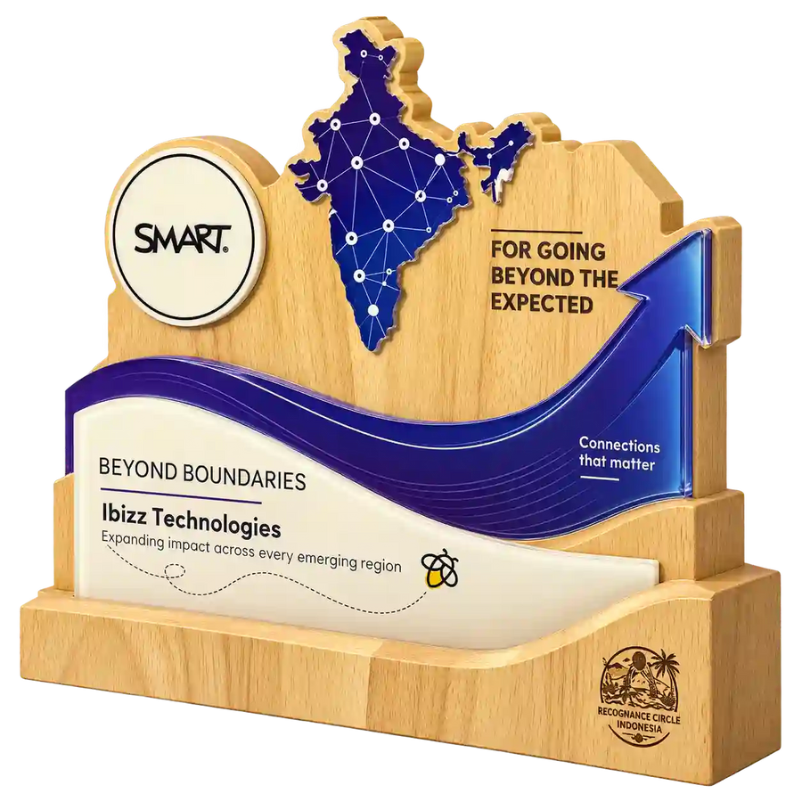 Side angled view of SMART Beyond Boundaries award with light wood-grain-look base