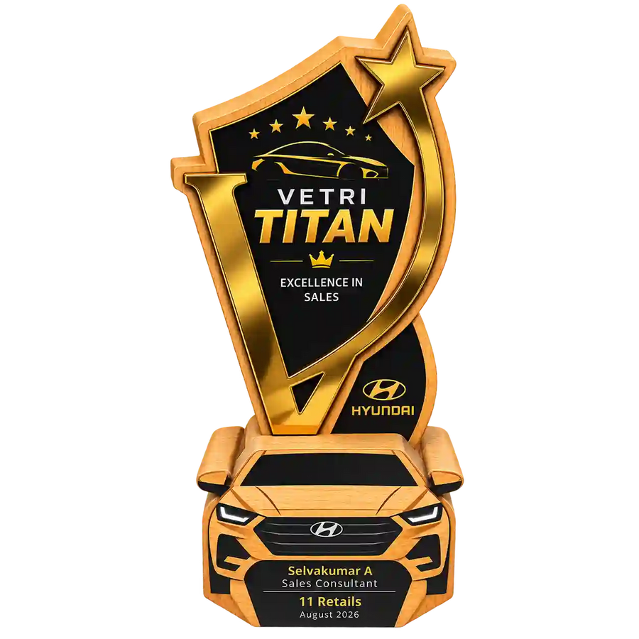 Side angled view of Vetri Titan sales award with recipient dedication on car-shaped base