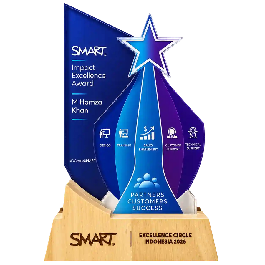 Front view of SMART Impact Excellence Award with blue-purple star and light-colored base