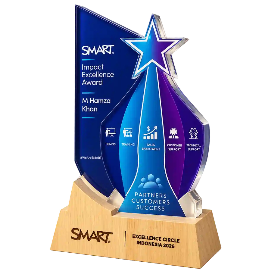 Angled view of star-topped Impact Excellence Award with layered blue and purple panels