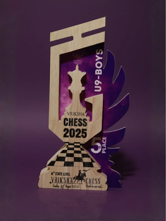 Chess tournament trophy with 'Vriksha Chess 2025' branding on a purple background