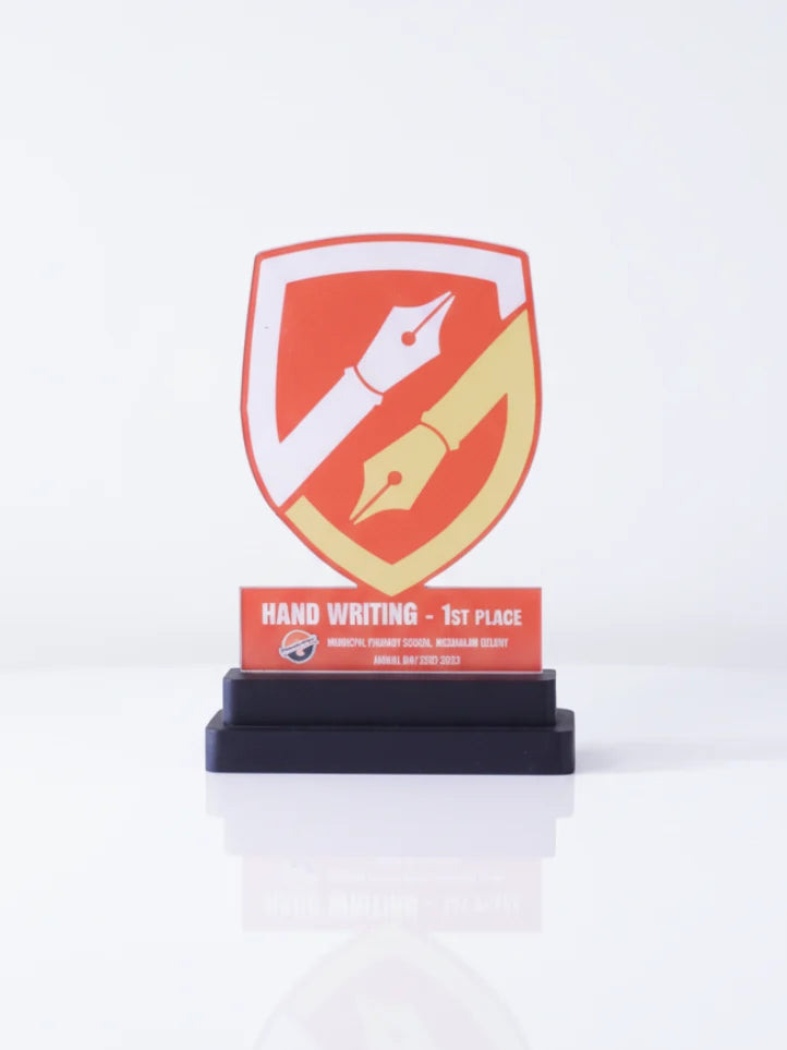 Small trophy with a red and yellow design on a white background