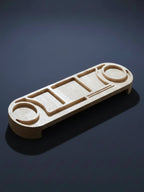 Wooden puzzle toy with geometric shapes on a dark blue background