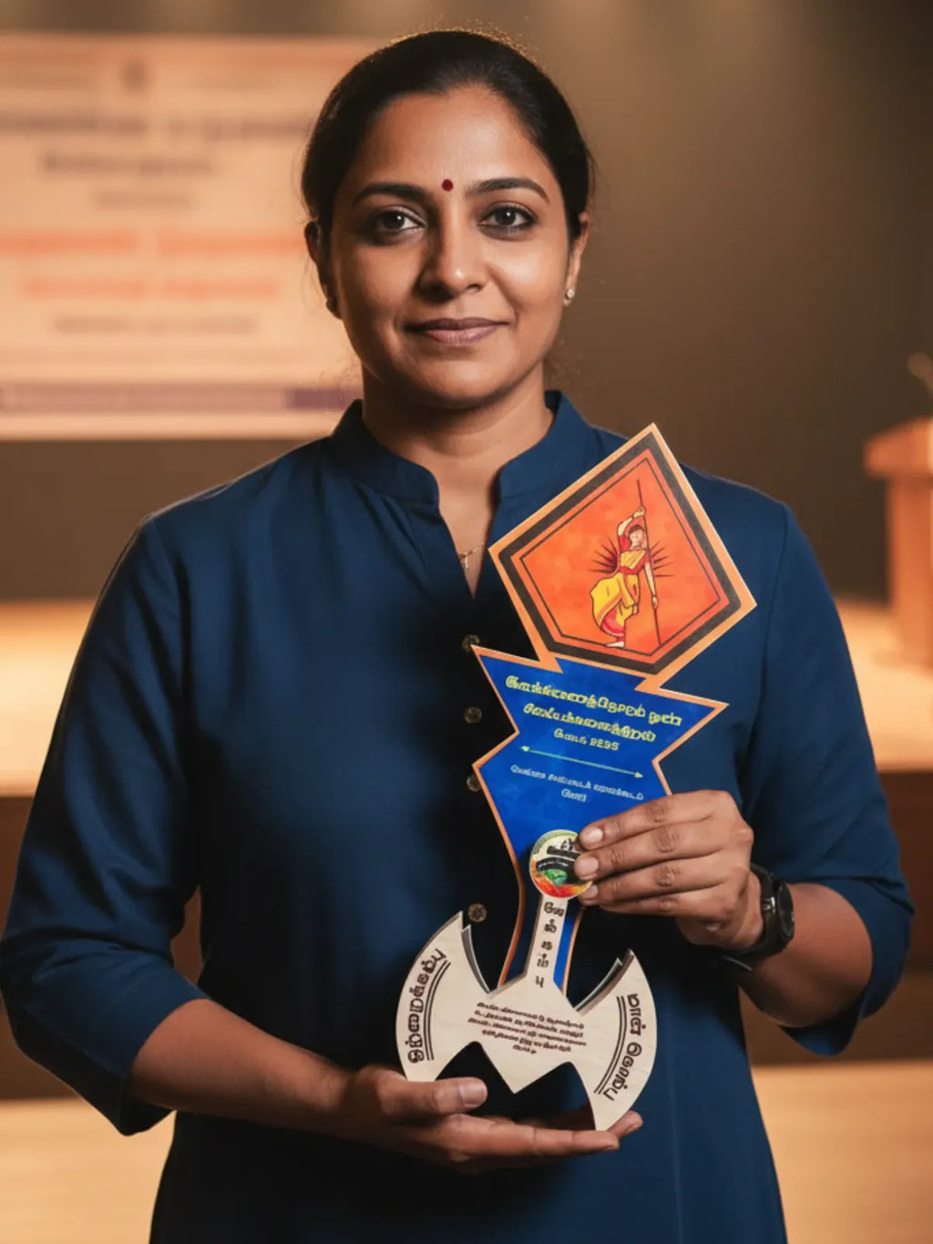 Woman holding an award with a blurred background